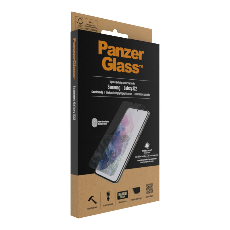 PanzerGlass | Samsung | Galaxy S22 | Tempered glass | Transparent | Case friendly. Compatible with ultrasonic fingerprint sensor. 100 % touch sensitivity. Antibacterial (ISO 22196 certified & JIS 22810 approved) | Screen Protector
