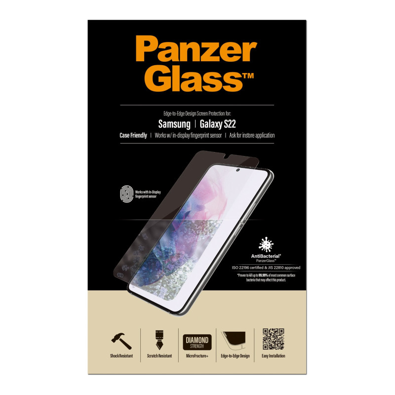 PanzerGlass | Samsung | Galaxy S22 | Tempered glass | Transparent | Case friendly. Compatible with ultrasonic fingerprint sensor. 100 % touch sensitivity. Antibacterial (ISO 22196 certified & JIS 22810 approved) | Screen Protector