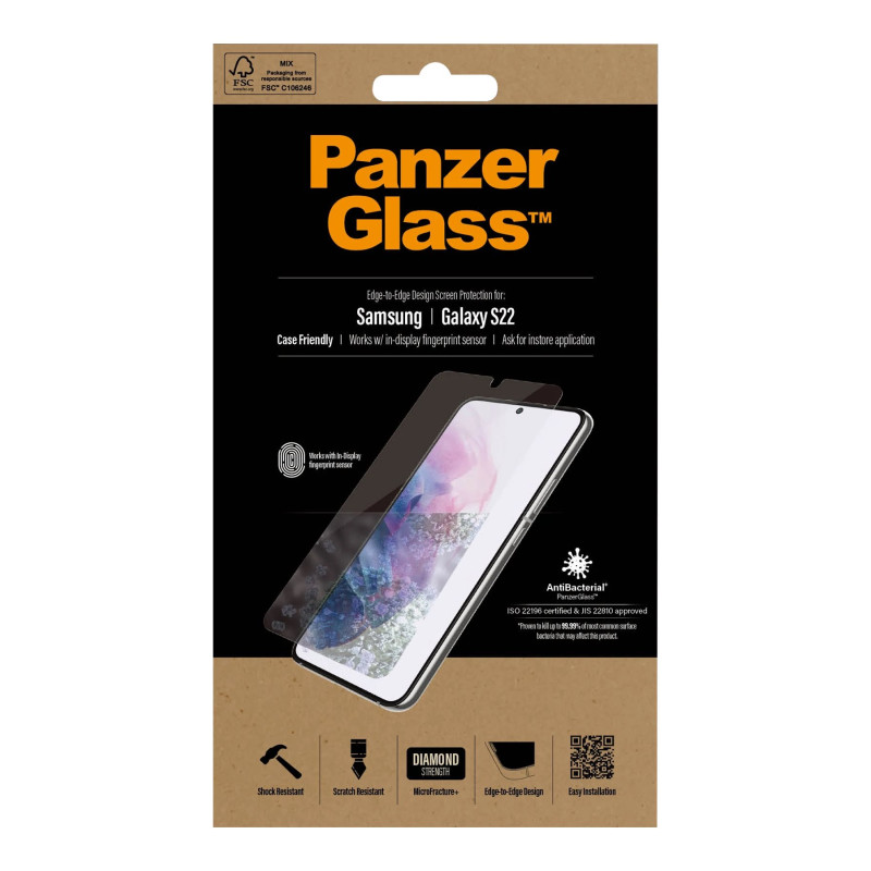 PanzerGlass | Samsung | Galaxy S22 | Tempered glass | Transparent | Case friendly. Compatible with ultrasonic fingerprint sensor. 100 % touch sensitivity. Antibacterial (ISO 22196 certified & JIS 22810 approved) | Screen Protector
