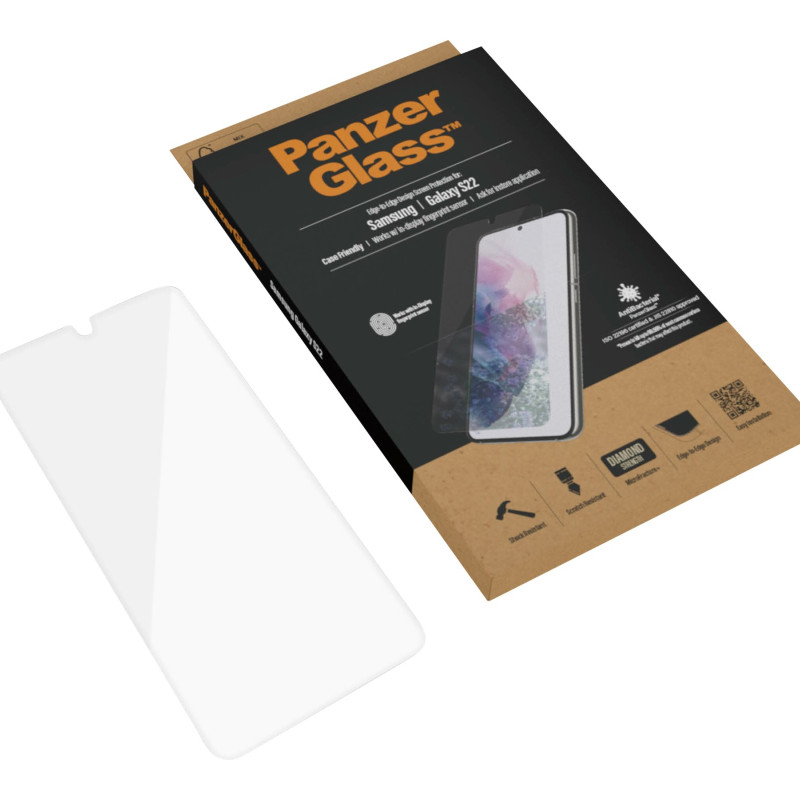 PanzerGlass | Samsung | Galaxy S22 | Tempered glass | Transparent | Case friendly. Compatible with ultrasonic fingerprint sensor. 100 % touch sensitivity. Antibacterial (ISO 22196 certified & JIS 22810 approved) | Screen Protector