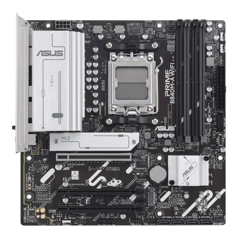 Asus PRIME B840M-A WIFI | Processor family AMD | Processor socket AM5 | DDR5 SDRAM | Supported hard disk drive interfaces SATA, M.2 | Number of SATA connectors 4