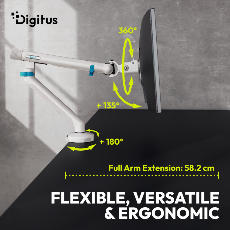 Digitus Desk Mount | Leņķa regulēšana, rotācija, pagriešana | Viena ekrāna statīvs | 35" | Maksimālais svars (kapacitāte) 10 kg | Balts
