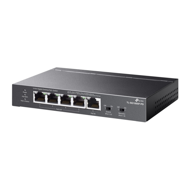 TP-LINK | 5 portu gigabitu galda slēdzis ar 4 portu PoE | TL-SG1005P-PD | Nevadāms | Galda/uz sienas montējams