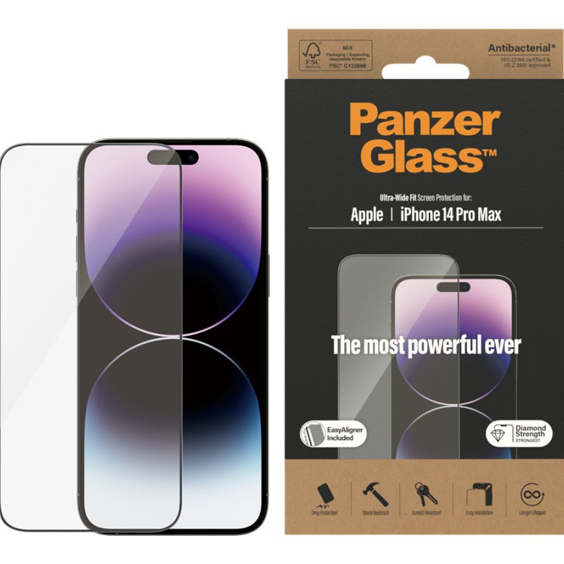 PanzerGlass | Ekrāna aizsargs | Apple | iPhone 14 Pro Max | Temperēts stikls | Caurspīdīgs | Ultra-Wide Fit; Longer lifespan; Diamond strength; Fingerprint resistant