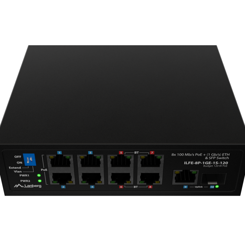 Lanberg PoE slēdzis 4xBT 4xAT SFP/ETH Din Nevadīts Fast Ethernet | ILFE-8P-1GE-1S-120 | Unmanaged | Din sliede, Rack