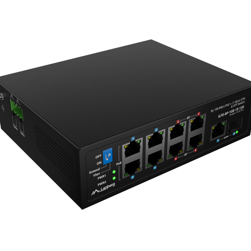 Lanberg PoE slēdzis 4xBT 4xAT SFP/ETH Din Nevadīts Fast Ethernet | ILFE-8P-1GE-1S-120 | Unmanaged | Din sliede, Rack