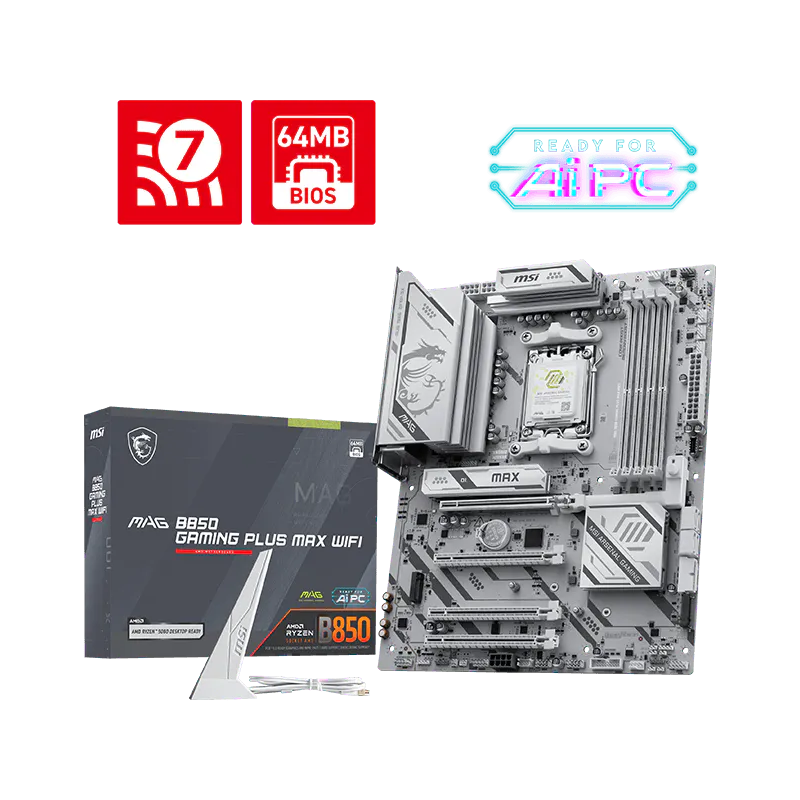 MSI MAG B850 GAMING PLUS MAX WIFI | Procesoru saime AMD | Procesora ligzda AM5 | DDR5 | Atbalstītie cietā diska interfeisi SATA, M.2 | SATA savienotāju skaits 4