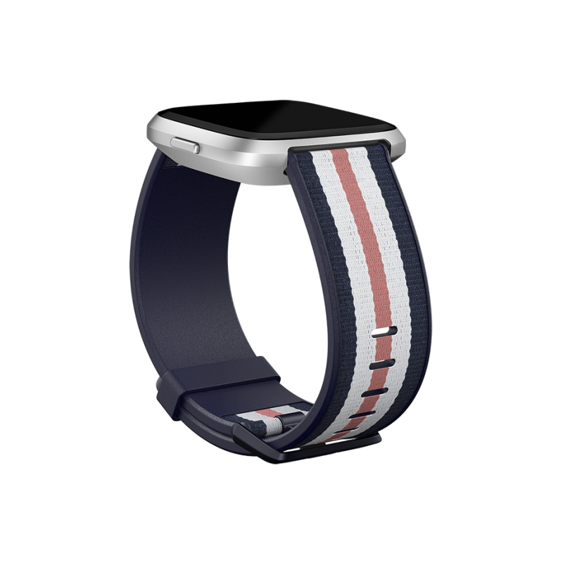 Fitbit | Versa-Lite austa hibrīdsiksna, L, tumši zils/rozā | The Fitbit Versa woven hybrid band is made of polyester woven material on top and fluoroelastomer material on the bottom with an aluminium buckle. | The Fitbit Versa woven hybrid band is not water resistant.