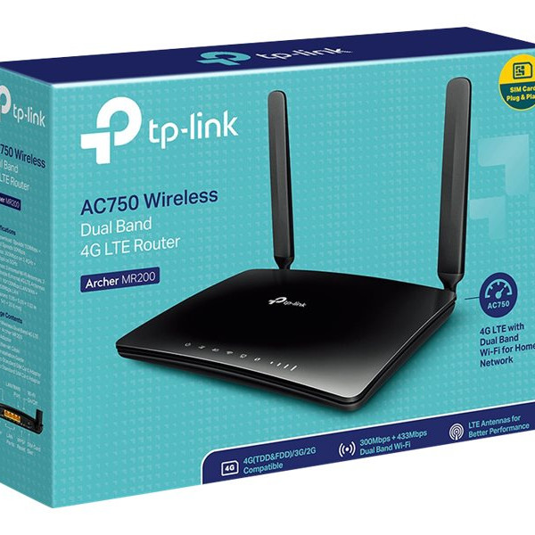 TP-LINK | 4G LTE maršrutētājs | Archer MR200 | 802.11ac | 300+433 Mbit/s | 10/100 Mbit/s | Ethernet LAN (RJ-45) porti 3 | Mesh atbalsts Nav | MU-MIMO Nav | 4G | Antenas tips 2xNoņemamas antenas