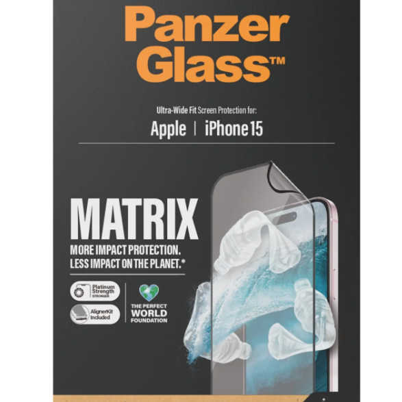PanzerGlass | Ekrāna aizsargplēve | Apple | iPhone 15 | Pārstrādāta plastmasa | Caurspīdīga | Ultra-Wide Fit; Viegla uzstādīšana; Pret pirkstu nospiedumiem; Pret dzeltenēšanu; Jūtība skārienam | MATRIX ar D3O
