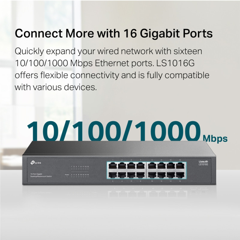 TP-LINK 16-Portu Gigabit slēdzis | LS1016G | Nevadīts | Galda/stiprināms uz 19" skapja