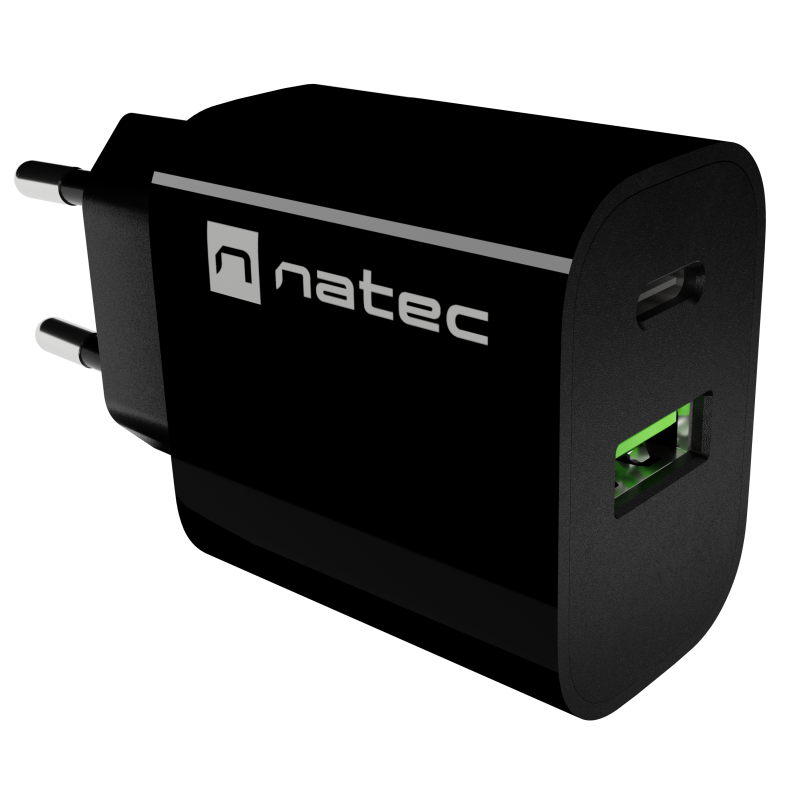 Natec Ribera USB lādētājs 1x USB-A + 1x USB-C 20W, melns