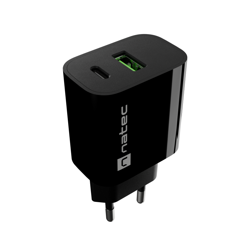 Natec Ribera USB lādētājs 1x USB-A + 1x USB-C 20W, melns