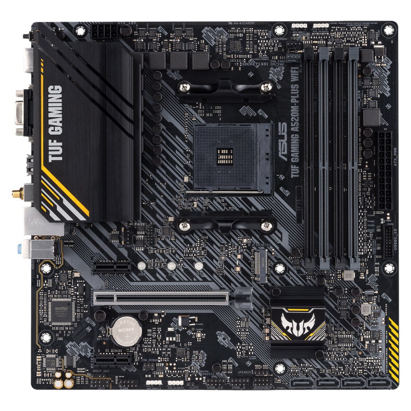 Asus | TUF GAMING A520M-PLUS | Processor family  AMD | Processor socket AM4 | DDR4 | Memory slots 4 | Supported hard disk drive interfaces SATA, M.2 | Number of SATA connectors 4 | Chipset  AMD A520 | Micro ATX