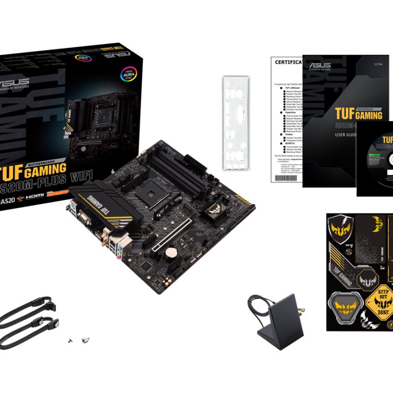 Asus | TUF GAMING A520M-PLUS | Processor family  AMD | Processor socket AM4 | DDR4 | Memory slots 4 | Supported hard disk drive interfaces SATA, M.2 | Number of SATA connectors 4 | Chipset  AMD A520 | Micro ATX