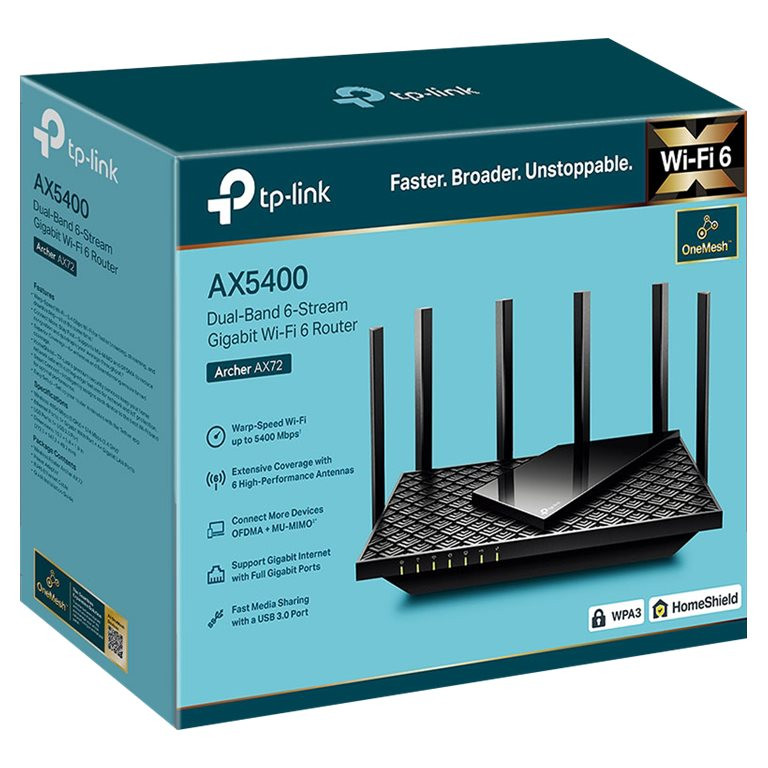 TP-LINK | Dual-Band Wi-Fi 6 maršrutētājs | Archer AX72 | 802.11ax | 10/100 Mbit/s | Ethernet LAN (RJ-45) porti 3 | Mesh atbalsts Nē | MU-MIMO Nē | Nav mobilo datu | Antenas tips 4x fiksētas ārējās