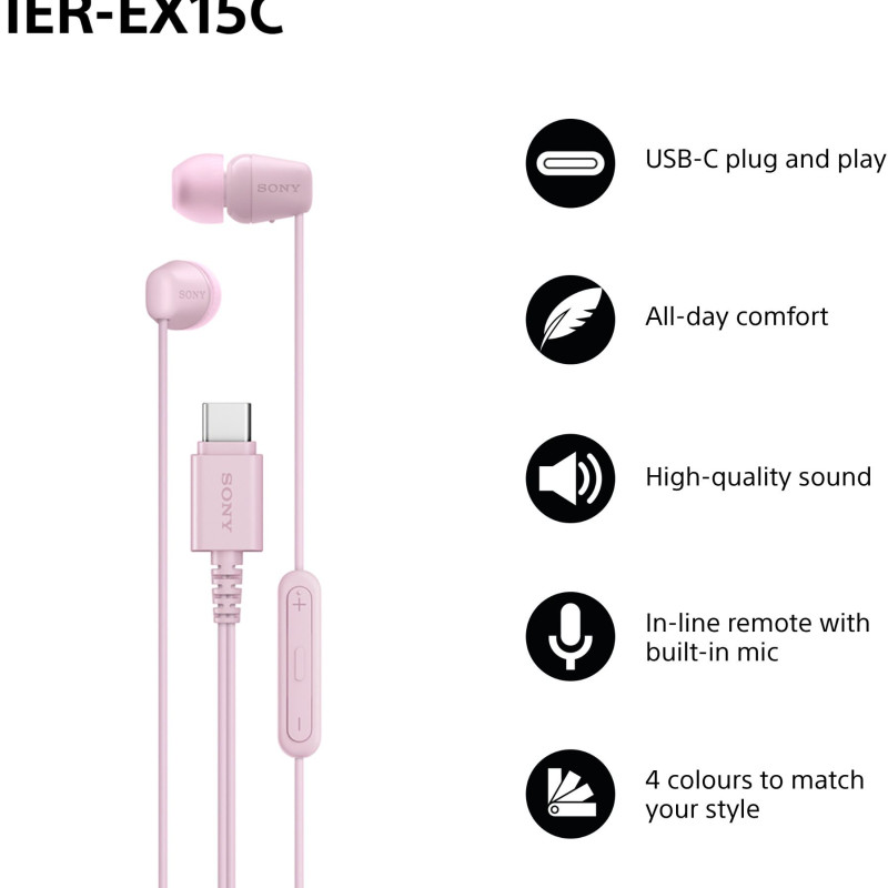 Sony Earbuds | IER‑EX15C | Wired | In-ear | Microphone | Pink