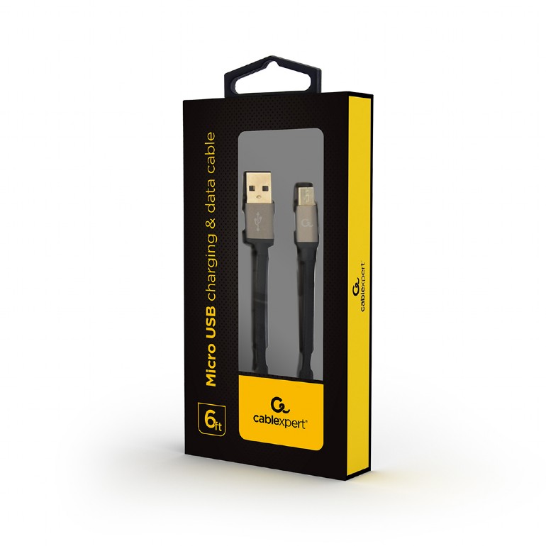 Cablexpert kokvilnas pinuma Micro-USB kabelis ar metāla savienotājiem, 1.8 m, melns, blisterī | Cablexpert