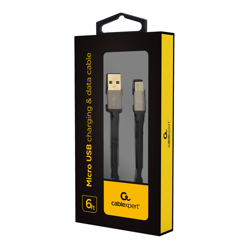 Cablexpert kokvilnas pinuma Micro-USB kabelis ar metāla savienotājiem, 1.8 m, melns, blisterī | Cablexpert