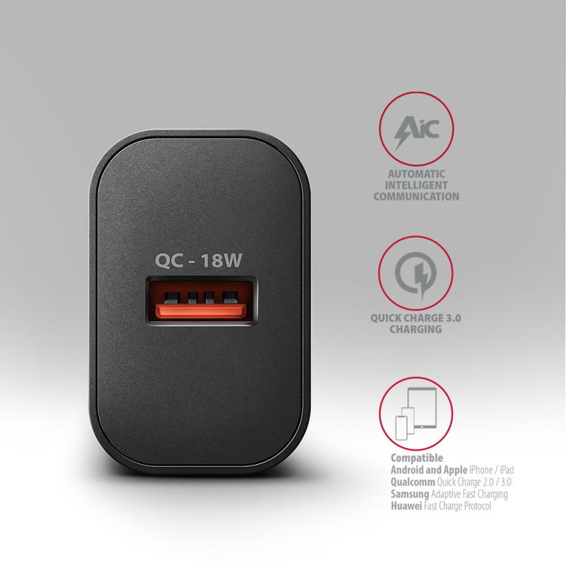 AXAGON Wallcharger 1x USB-A ports, QC3.0/AFC/FCP/Apple, 18W | ACU-QC18