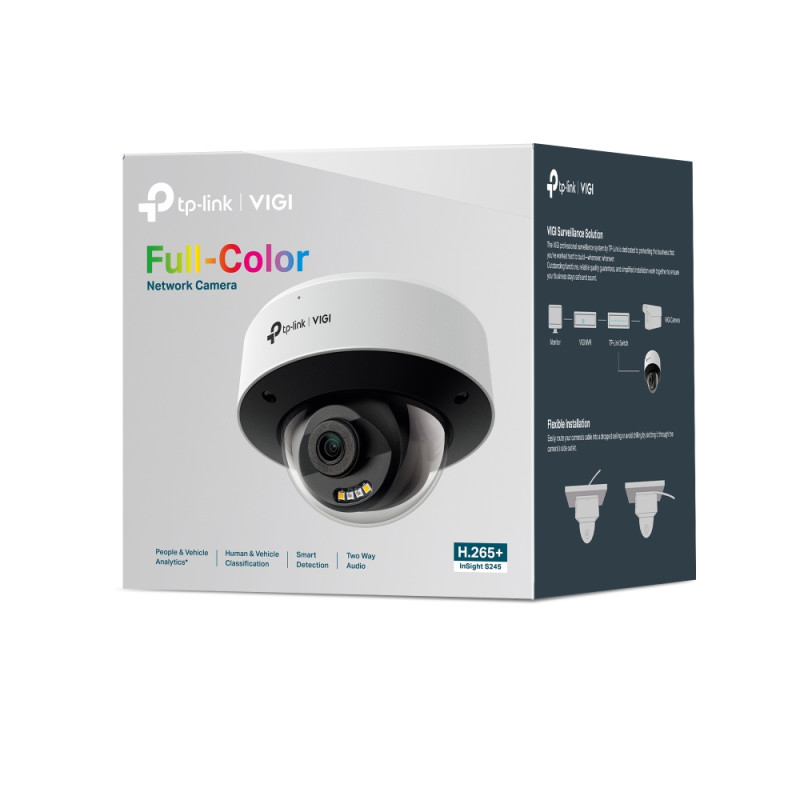 TP-LINK | VIGI 4MP pilnkrāsas kupolveida tīkla kamera | InSight S245 (2.8mm) | Kupols | 4 MP | 2.8 mm /F1.6 | Barošana pār Ethernet (PoE) | IP67 | H.265+ | Micro SD, maks. 512 GB | Jā