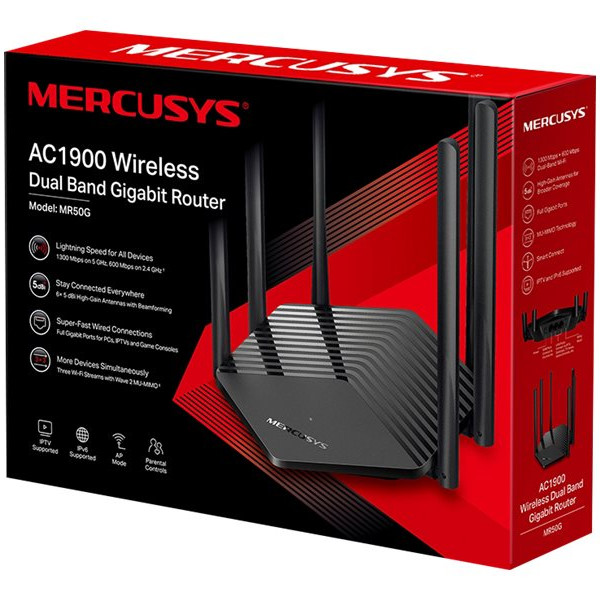Mercusys | AC1900 bezvadu divjoslu gigabitu maršrutētājs | MR50G | 802.11ac | 600+1300 Mbit/s | 10/100/1000 Mbit/s | Ethernet LAN (RJ-45) porti 2 | Bez Mesh atbalsta | MU-MIMO Jā | Bez mobila platjoslas | Antenas tips 6xFiksētas | Nav