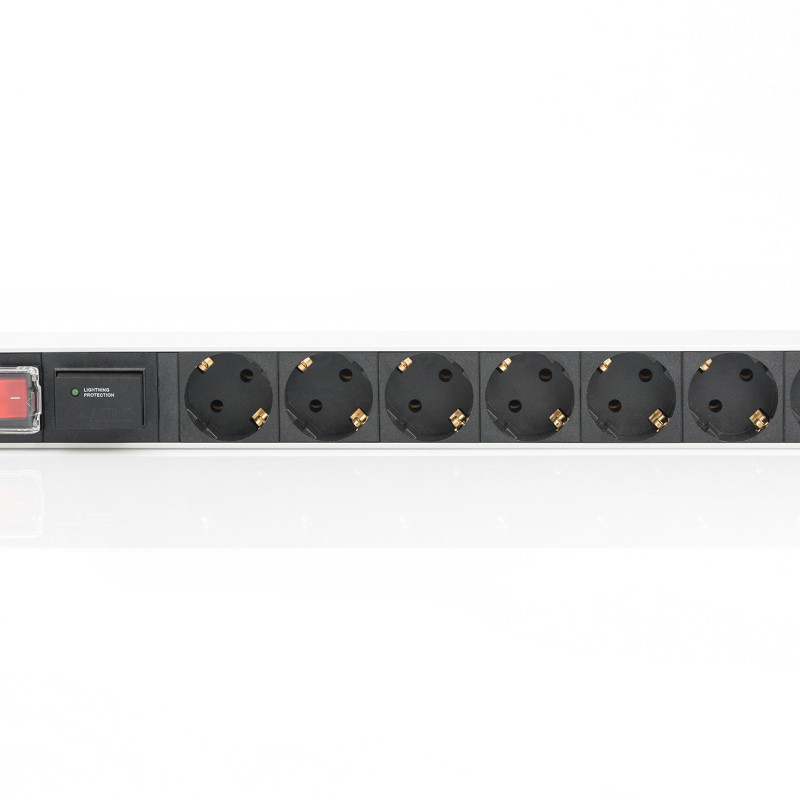 Digitus | 1U alumīnija PDU, iekļaujamais skapī, 7x drošības ligzda 16A spraudnim, 250VAC 50/60Hz, slēdzis, pārsprieguma aizsardzība | DN-95407