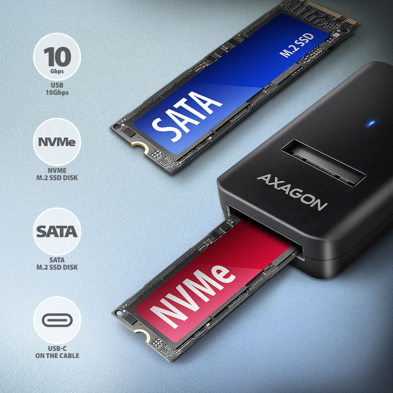 AXAGON USB-C 10Gbps adapteris ātrai M.2 NVMe un SATA SSD pieslēgšanai, USB-C kabelis 10 cm | ADM2-CM