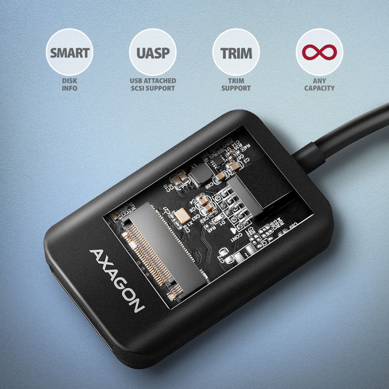 AXAGON USB-C 10Gbps adapteris ātrai M.2 NVMe un SATA SSD pieslēgšanai, USB-C kabelis 10 cm | ADM2-CM