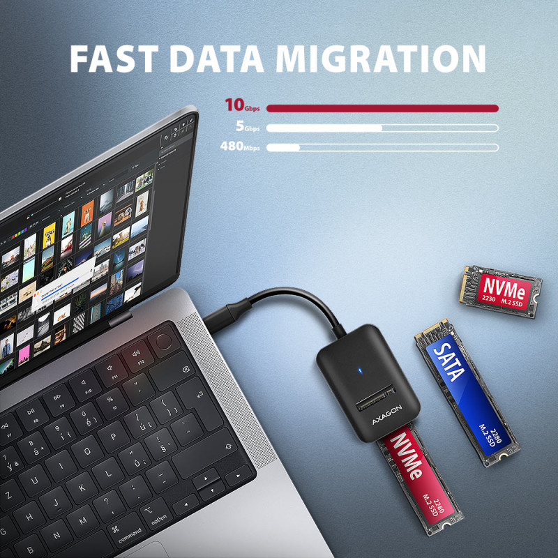 AXAGON USB-C 10Gbps adapteris ātrai M.2 NVMe un SATA SSD pieslēgšanai, USB-C kabelis 10 cm | ADM2-CM