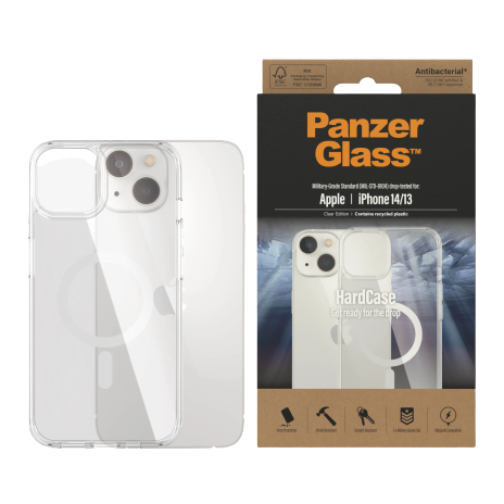 PanzerGlass | HardCase MagSafe Compatible | Back protection | Apple | iPhone 14/13 | 100% Recycled Polyurethane (TPU) | Clear | MagSafe compatible; Military Grade Standard; 100% recycled frame material