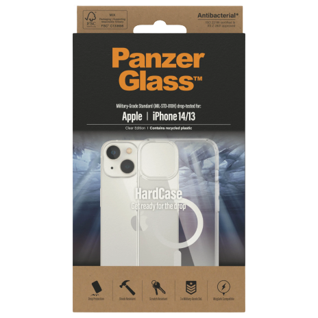 PanzerGlass | HardCase MagSafe Compatible | Back protection | Apple | iPhone 14/13 | 100% Recycled Polyurethane (TPU) | Clear | MagSafe compatible; Military Grade Standard; 100% recycled frame material