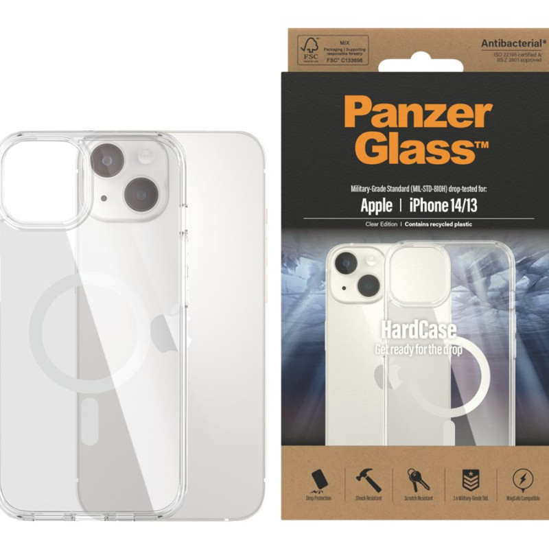 PanzerGlass | HardCase MagSafe Compatible | Back protection | Apple | iPhone 14/13 | 100% Recycled Polyurethane (TPU) | Clear | MagSafe compatible; Military Grade Standard; 100% recycled frame material