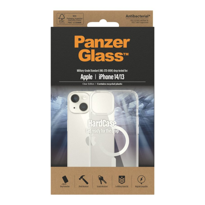 PanzerGlass | HardCase MagSafe Compatible | Back protection | Apple | iPhone 14/13 | 100% Recycled Polyurethane (TPU) | Clear | MagSafe compatible; Military Grade Standard; 100% recycled frame material
