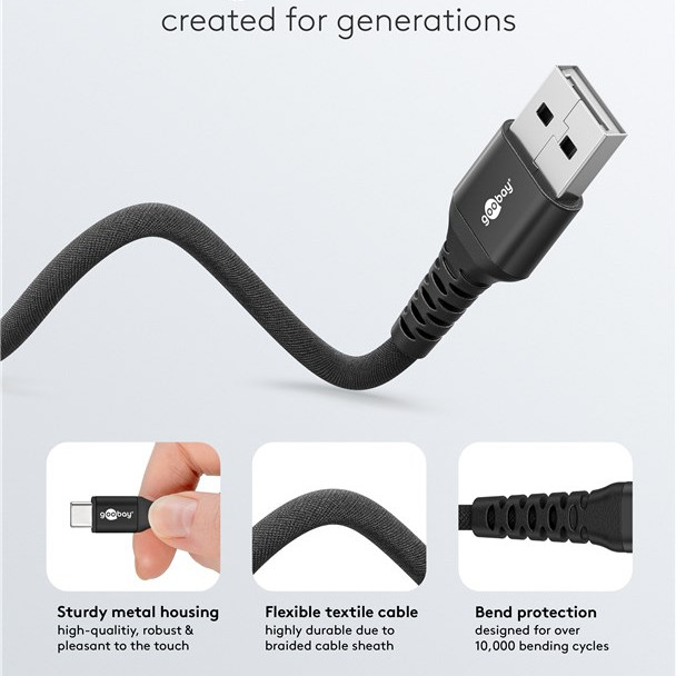 Goobay | USB-C uz USB-A supersoft tekstila kabelis ar metāla spraudņiem | 74526 | USB-C uz USB-A