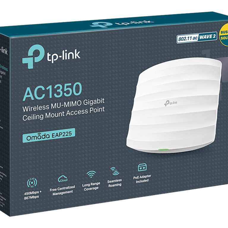 TP-LINK | Access Point | EAP225 | 802.11ac | 2.4GHz/5GHz | 450+867 Mbit/s | 10/100/1000 Mbit/s | Ethernet LAN (RJ-45) porti 1 | MU-MIMO Jā | PoE in | Antenas tips 5xIekšējās