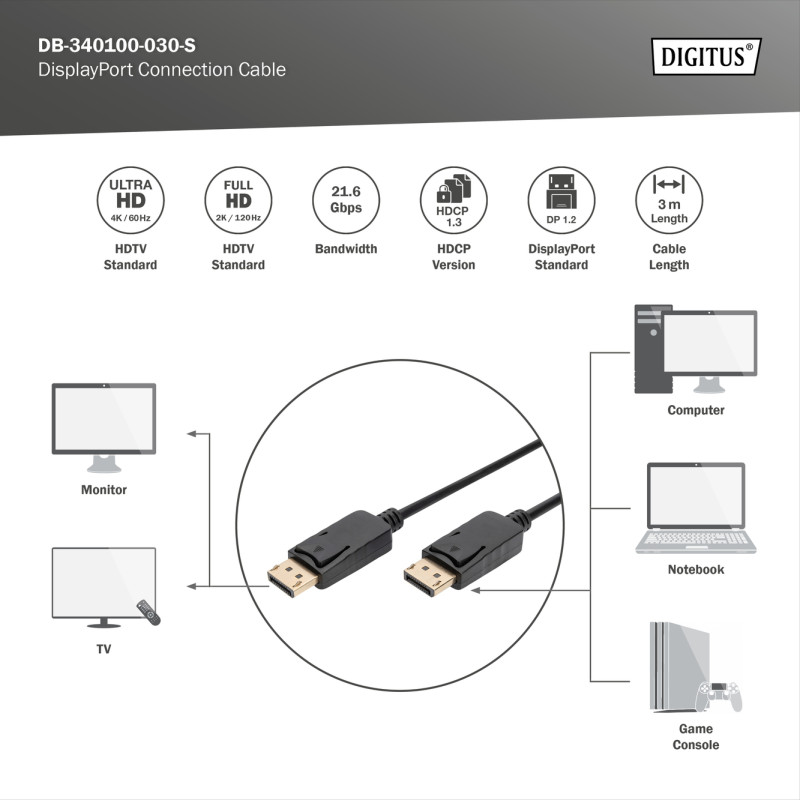 Digitus DisplayPort savienojuma kabelis | DB-340100-030-S | 3 m