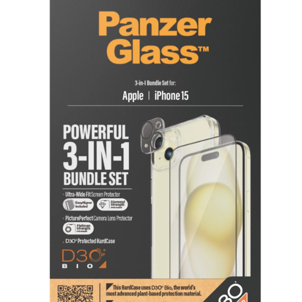 PanzerGlass | Panzerglass 3-in-1 komplekts | iPhone | iPhone 15 | Caurspīdīgs | Saderīgs ar bezvadu uzlādi. Izturīgs pret skrāpējumiem un triecieniem | PicturePerfect kameras lēcas aizsargs, cieta aizsargapvalks (HardCase) saderīgs ar bezvadu uzlādi un Ultra-Wide Fit ekrāna aizsargs