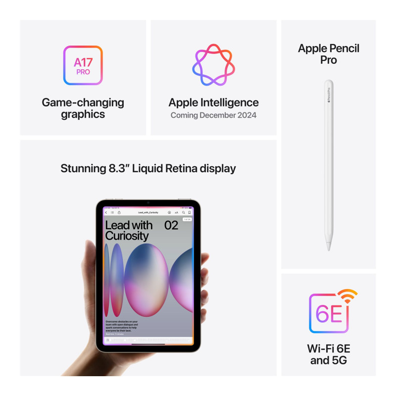 Apple | iPad mini Wi-Fi + Cellular | 8.3 " | Blue | IPS | 2266 x 1488 pixels | Apple A17 Pro | 128 GB | 3G | 4G | 5G | Wi-Fi | Front camera | 12 MP | Rear camera | 12 MP | Bluetooth | 5.3 | iPadOS | USB-C charging cable