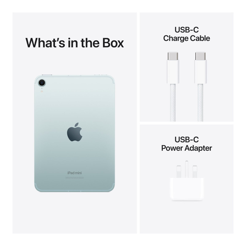 Apple | iPad mini Wi-Fi + Cellular | 8.3 " | Blue | IPS | 2266 x 1488 pixels | Apple A17 Pro | 128 GB | 3G | 4G | 5G | Wi-Fi | Front camera | 12 MP | Rear camera | 12 MP | Bluetooth | 5.3 | iPadOS | USB-C charging cable