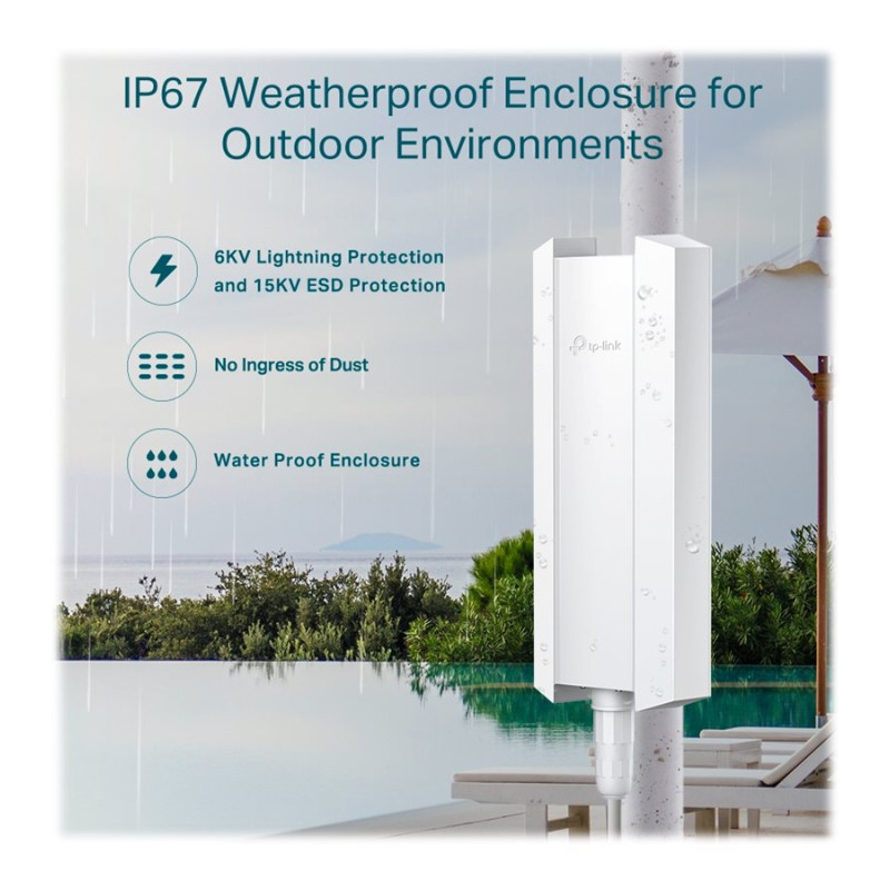 TP-LINK | AX1800 iekštelpu/āra WiFi 6 piekļuves punkts | EAP610-Outdoor | 802.11ax | 2.4 GHz/5 GHz | 1201+574 Mbit/s | 10/100/1000 Mbit/s | Ethernet LAN (RJ-45) porti 1 | MU-MIMO Jā | PoE in | Antenas tips Iekšēja