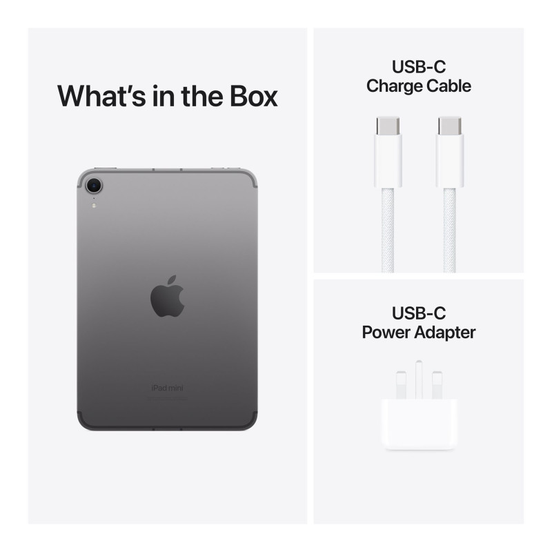 Apple | iPad mini Wi-Fi + Cellular | 8.3 " | Space Gray | IPS | 2266 x 1488 pixels | Apple A17 Pro | 512 GB | 3G | 4G | 5G | Wi-Fi | Front camera | 12 MP | Rear camera | 12 MP | Bluetooth | 5.3 | iPadOS | USB-C charging cable