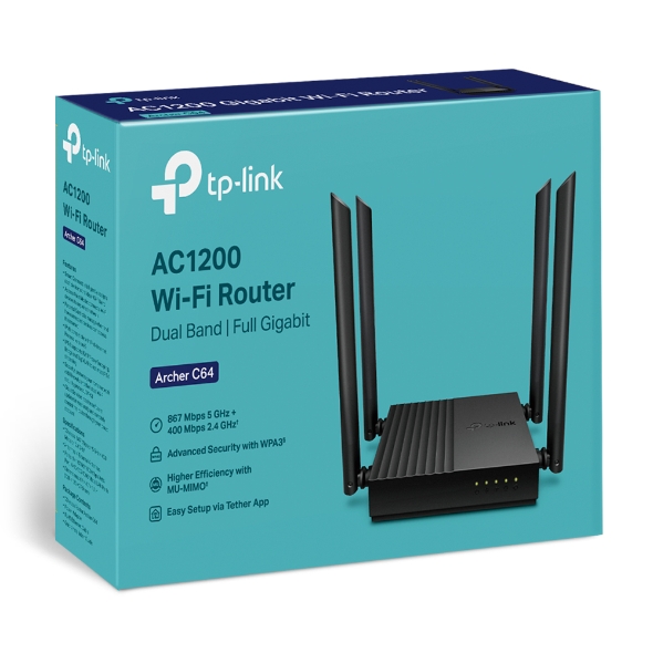 TP-LINK | AC1200 bezvadu MU-MIMO Wi‑Fi maršrutētājs | Archer C64 | 802.11ac | 867+400 Mbit/s | Ethernet LAN (RJ-45) porti 4 | Mesh atbalsts Nē | MU‑MIMO Jā | Bez mobilā platjoslas | Antenas tips 4 x fiksētas
