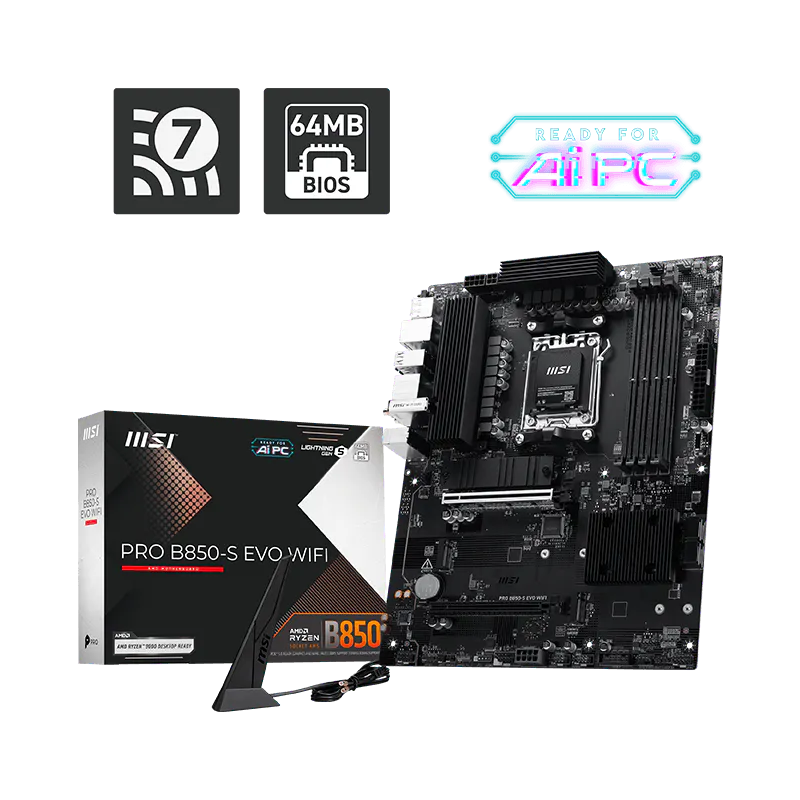 MSI PRO B850-S EVO WIFI | Processor family AMD | Processor socket AM5 | DDR5 | Supported hard disk drive interfaces SATA, M.2 | Number of SATA connectors 4
