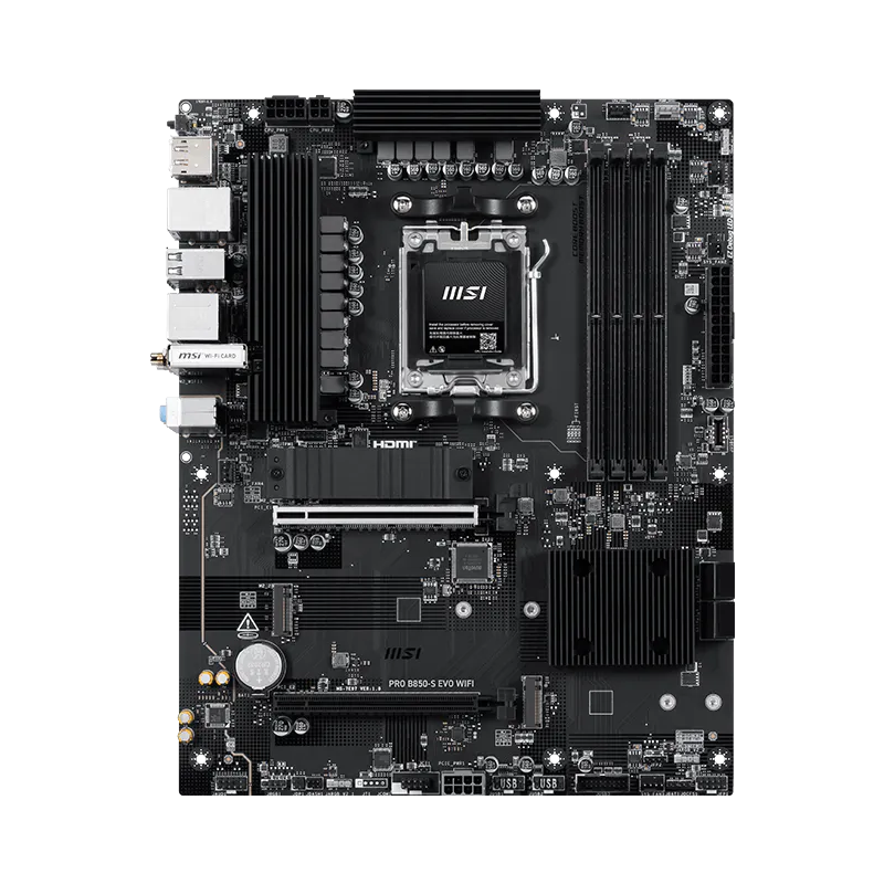 MSI PRO B850-S EVO WIFI | Processor family AMD | Processor socket AM5 | DDR5 | Supported hard disk drive interfaces SATA, M.2 | Number of SATA connectors 4