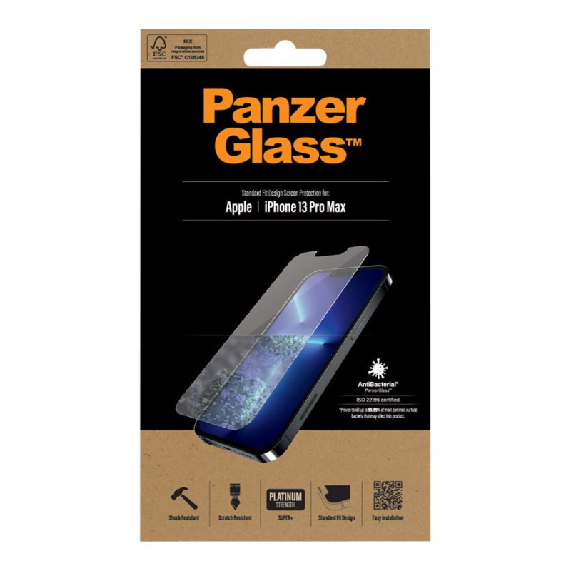 PanzerGlass | Caurspīdīgs ekrāna aizsargs | Apple | iPhone 13 Pro Max | Stikls ar siltumu sacietināts | Antibakteriāls stikls; Izturīgs pret skrāpējumiem un baktērijām; Triecienu absorbējošs; Viegli uzstādāms