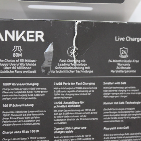 IZPĀRDOŠANA. Anker Prime uzlādes bāze strāvas bankai, 100 W | A1902311 | Melna | IZNESOTA, BOJĀTA IEPAKOJUMA, IESKRAPĒTA