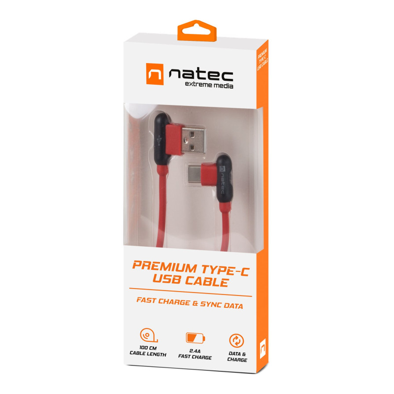 Natec Prati, Leņķa USB Type C uz Type A kabelis 1 m, Sarkans | Natec | Angled USB Type C to USB Type A | Prati | USB Type C | USB Type-A