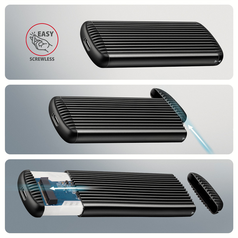 AXAGON USB-C 10Gbps M.2 NVMe SSD korpuss, bez skrūvēm, RIBBED alumīnijs | EEM2-SC