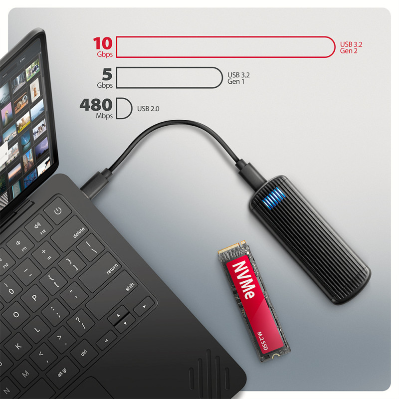 AXAGON USB-C 10Gbps M.2 NVMe SSD korpuss, bez skrūvēm, RIBBED alumīnijs | EEM2-SC